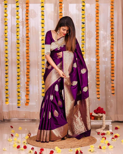 Fancy Purple Color Wedding Wear Soft Lichi Silk Saree