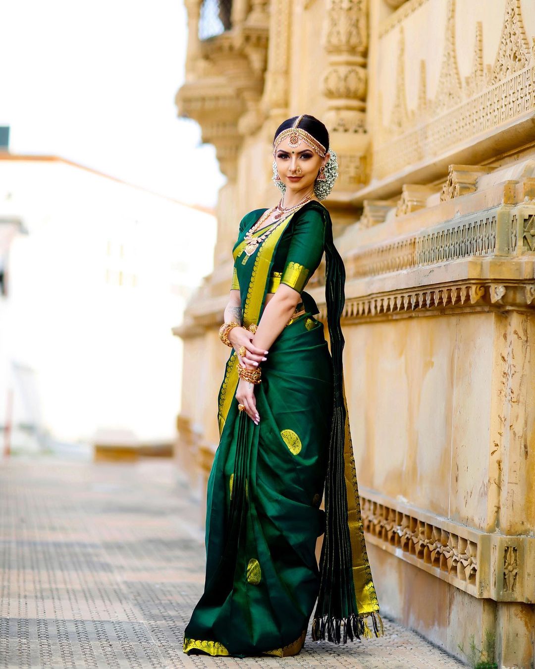 Dark Green Color Soft Lichi Silk Golden Jari Saree