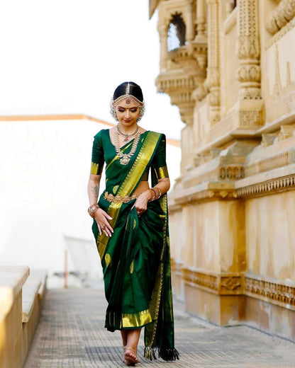 Dark Green Color Soft Lichi Silk Golden Jari Saree