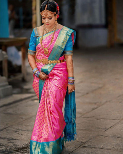 Designer Pink With Sky Blue Color Banarasi Silk Saree