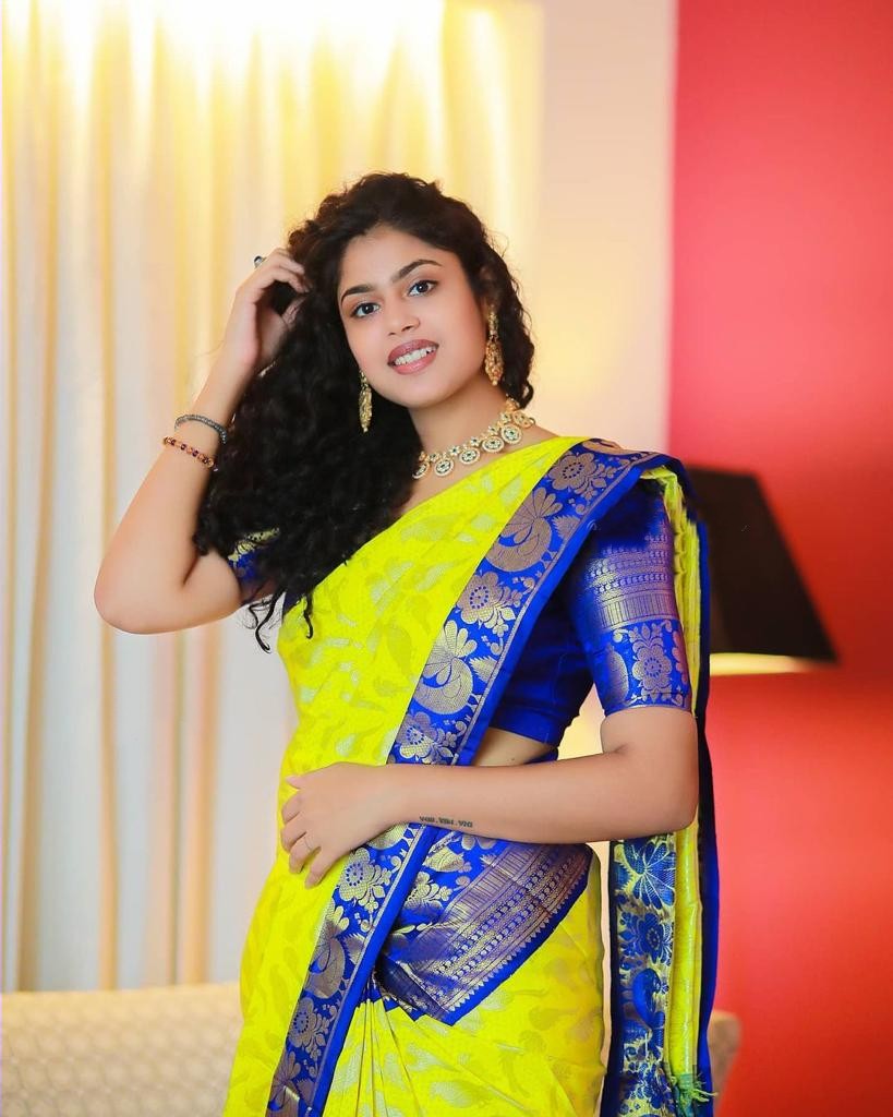 Party Wear Yellow Color With Blue Border Saree