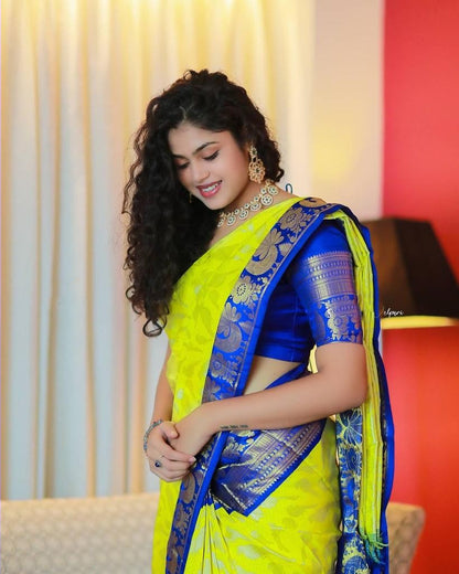 Party Wear Yellow Color With Blue Border Saree