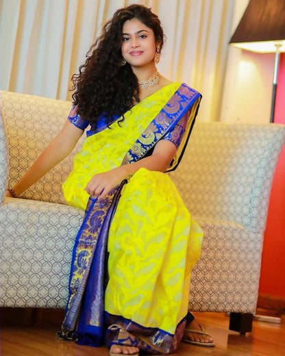 Party Wear Yellow Color With Blue Border Saree