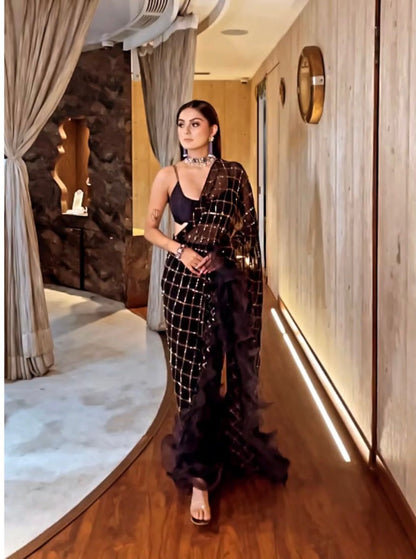 Trendy Black Sequence Work Ruffle Style Saree