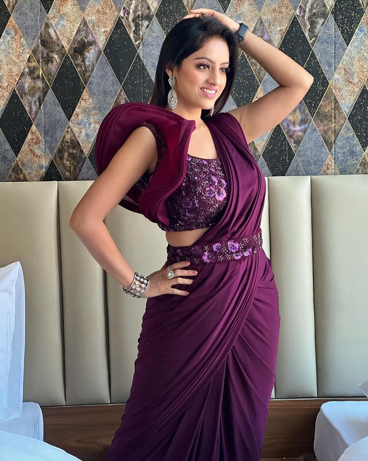 Celebrity Style Wine Color Saree With Sequin Blouse