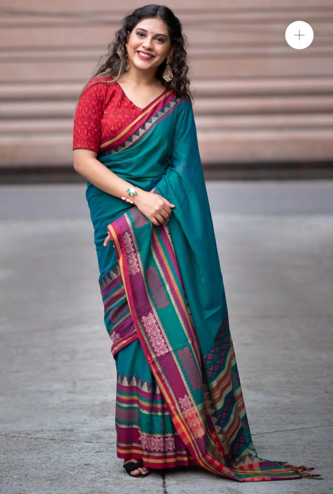 Teal Blue Ajrakh Print Cotton Silk Classy Saree