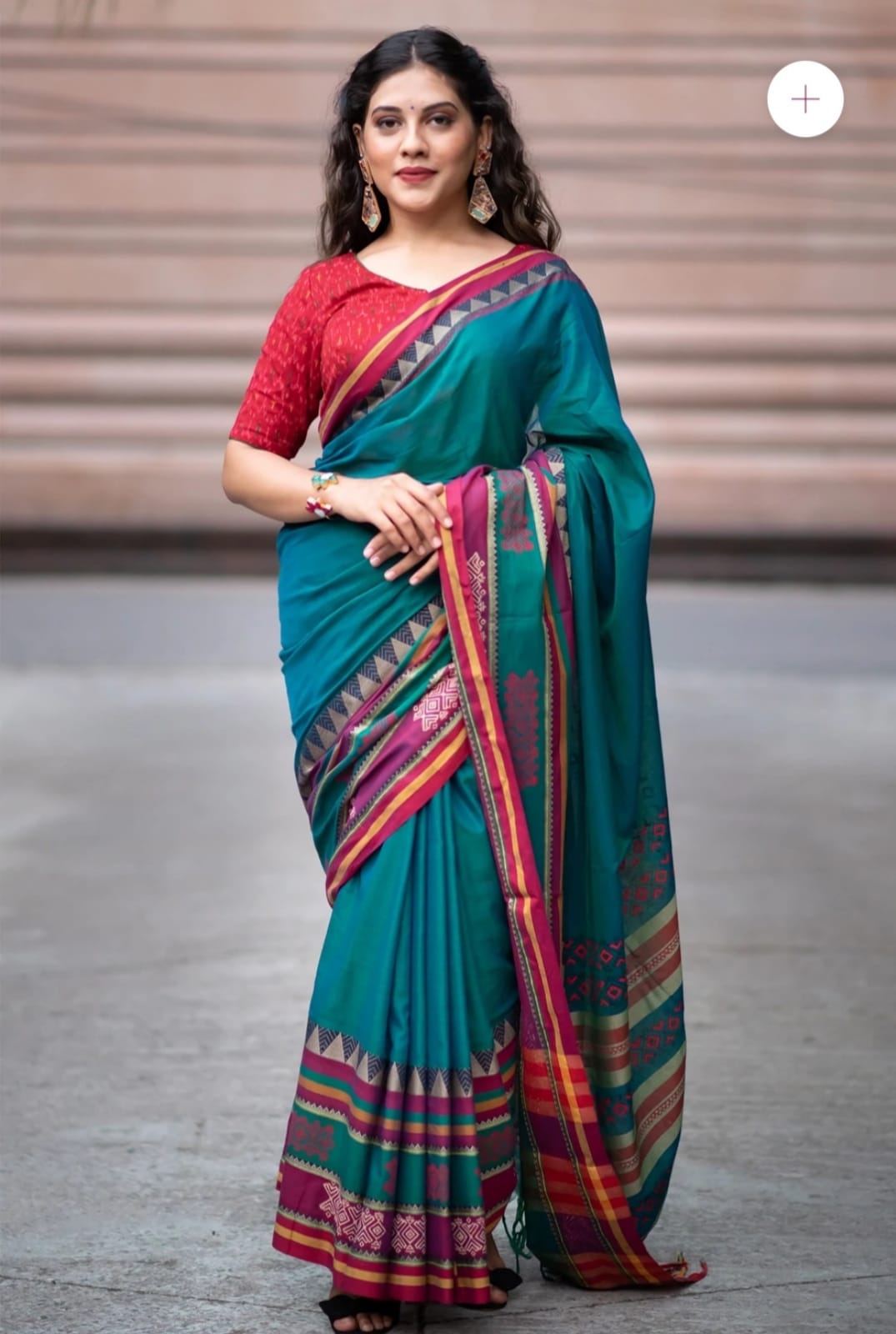 Teal Blue Ajrakh Print Cotton Silk Classy Saree