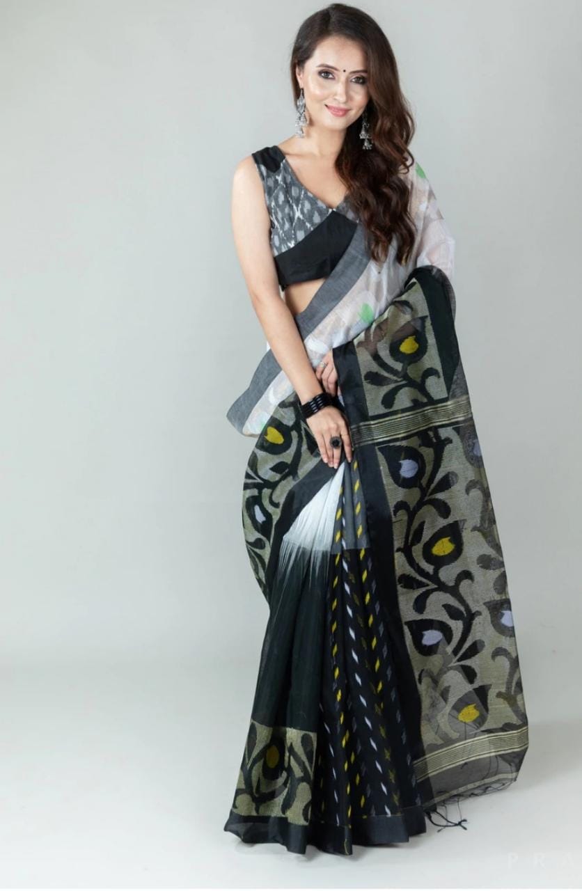 Trendy Black And White Color Printed Silk Saree