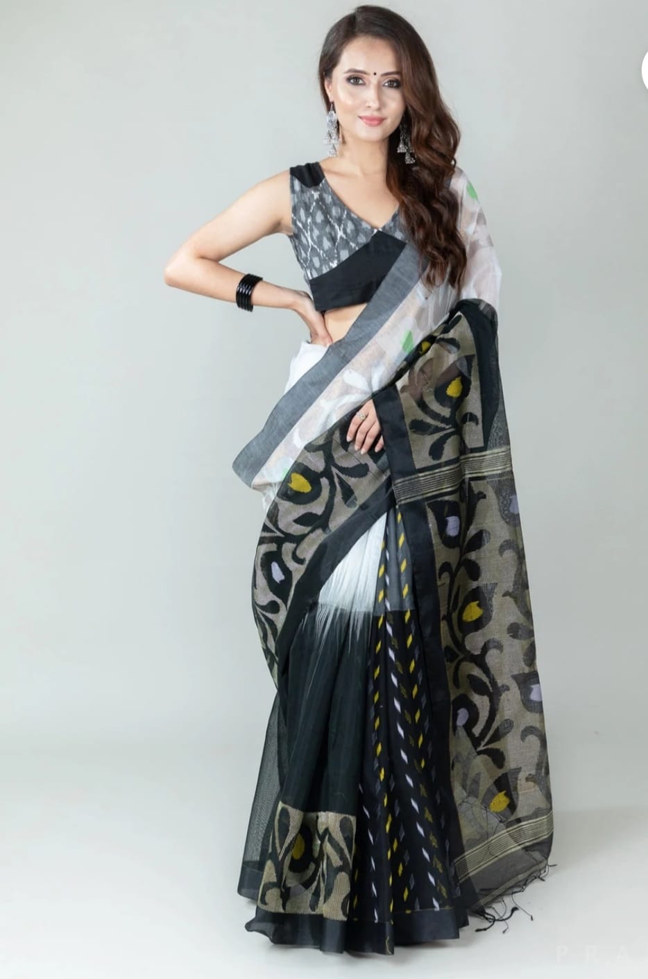 Trendy Black And White Color Printed Silk Saree