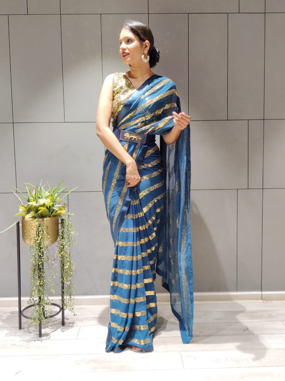 Teal Blue Color Ready To Wear Sequince Work  Saree