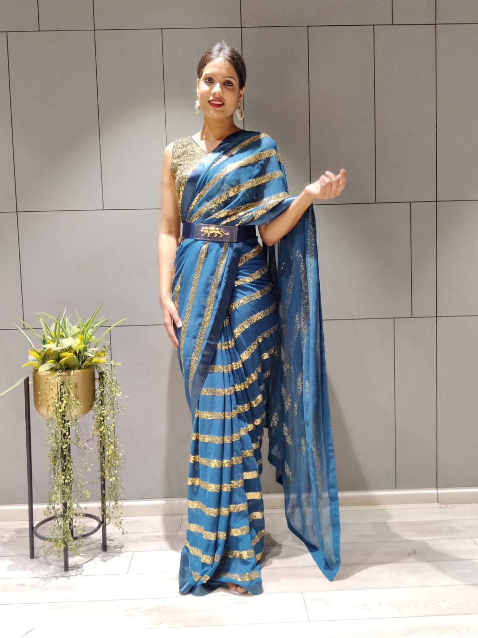 Teal Blue Color Ready To Wear Sequince Work  Saree