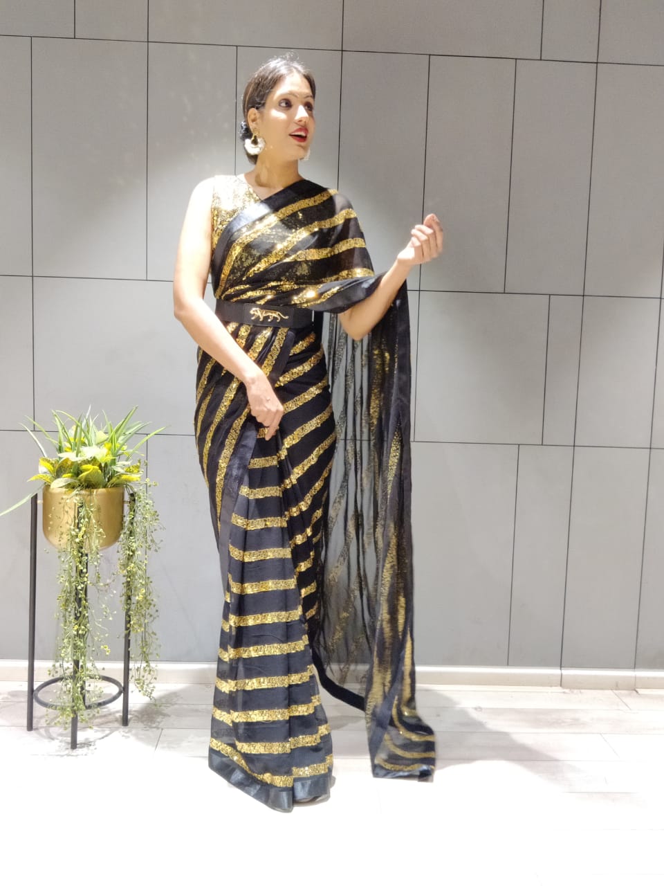 Black Color Ready To Wear Sequince Work  Saree