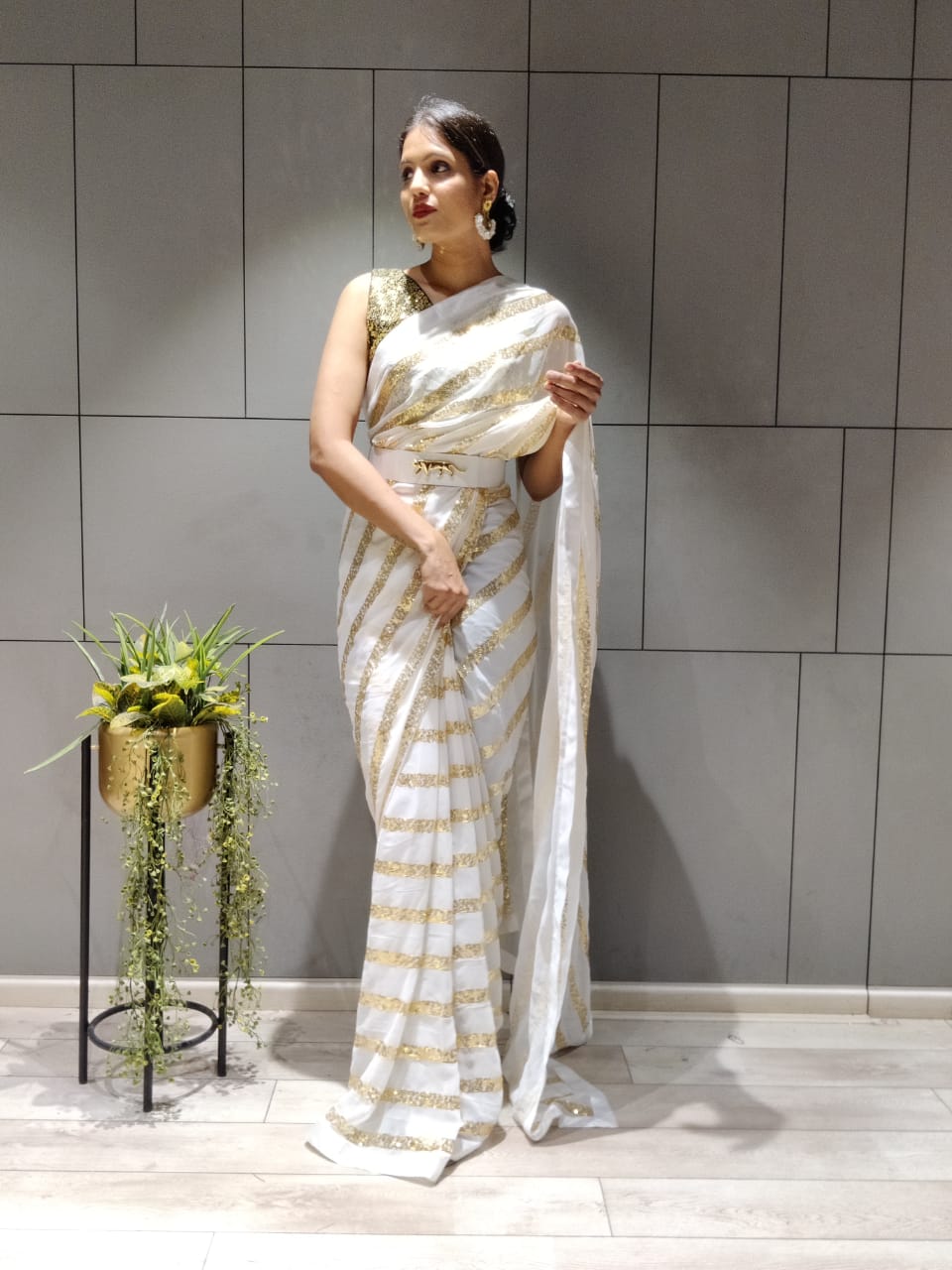 White Color Ready To Wear Sequince Work  Saree