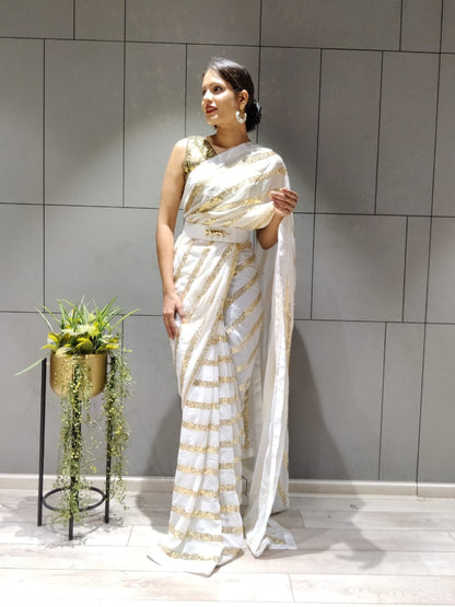 White Color Ready To Wear Sequince Work  Saree