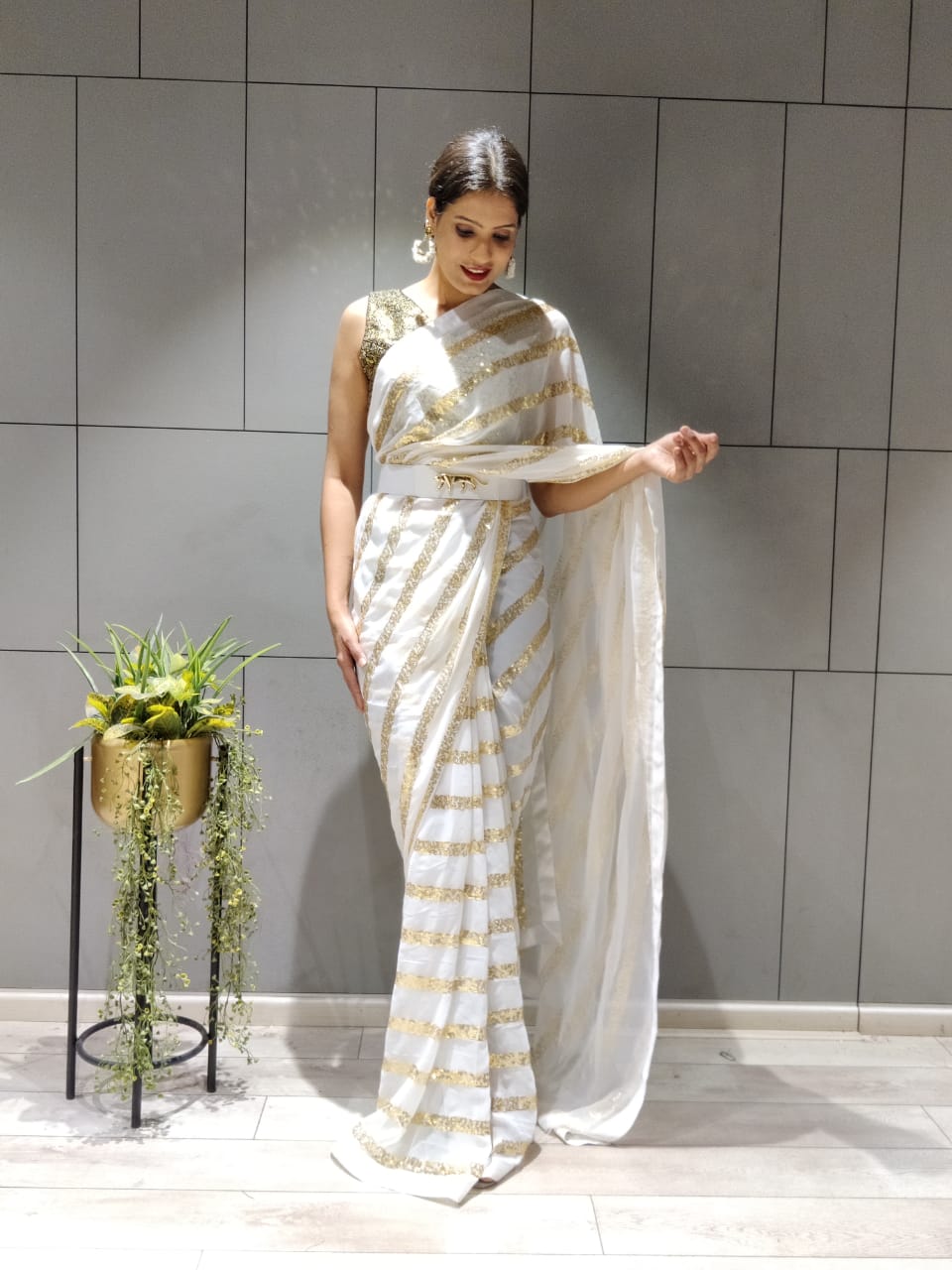 White Color Ready To Wear Sequince Work  Saree