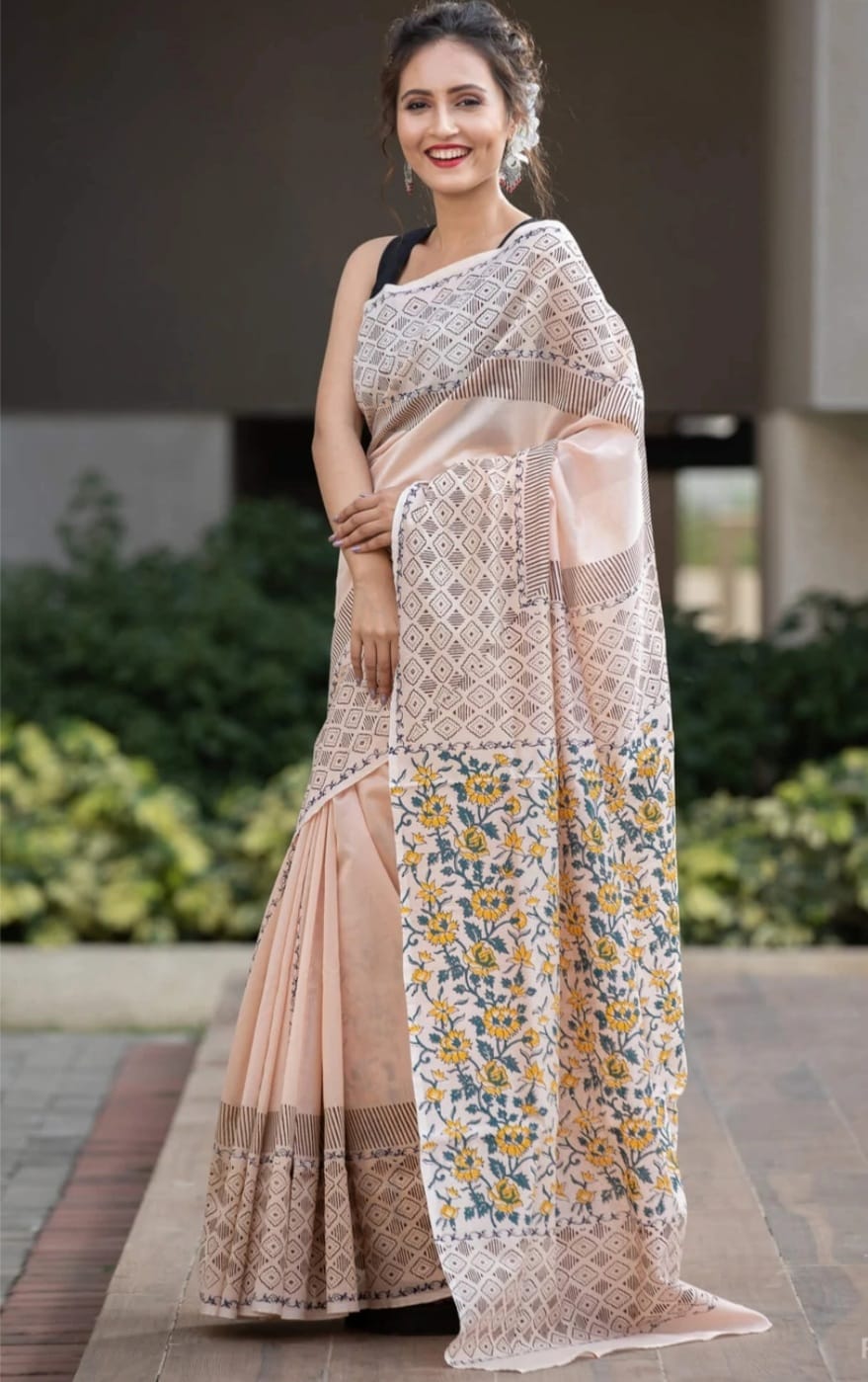 Glossy Off-White Color Soft Silk Printed Saree