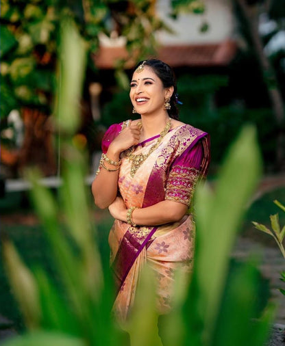 Opulent Peach Color Golden Jari Soft Lichi Silk Saree