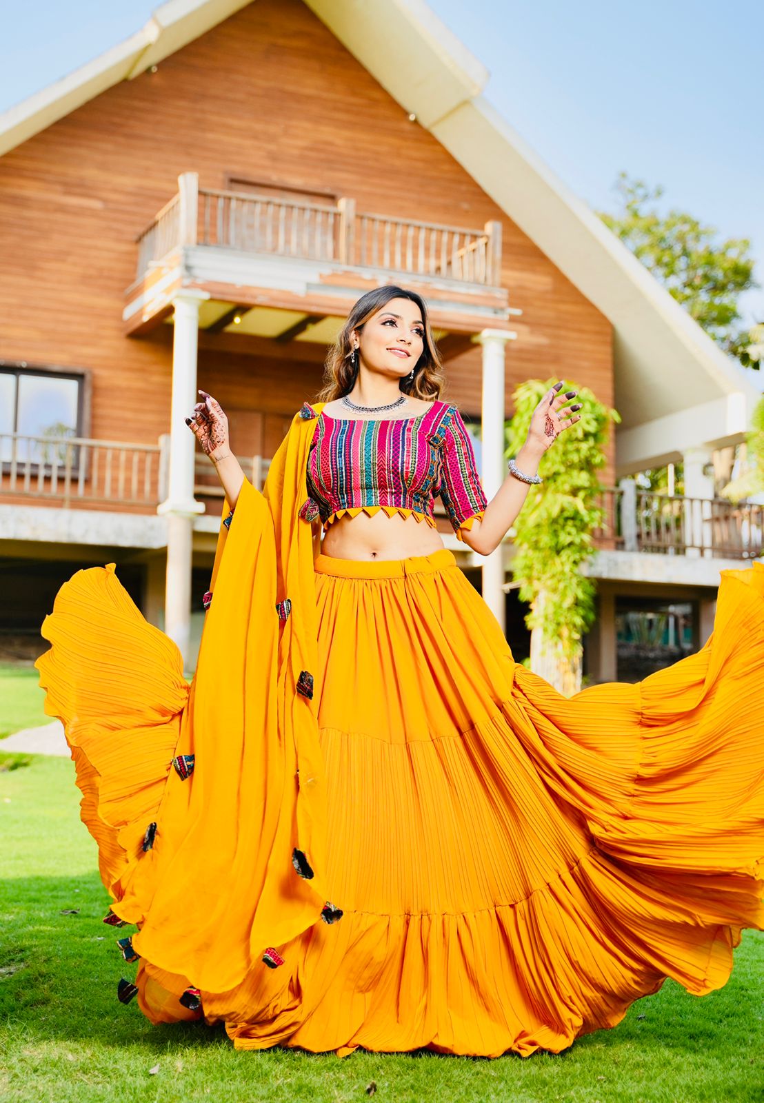 Presenting Yellow Color Ruffle Style Lehenga Choli