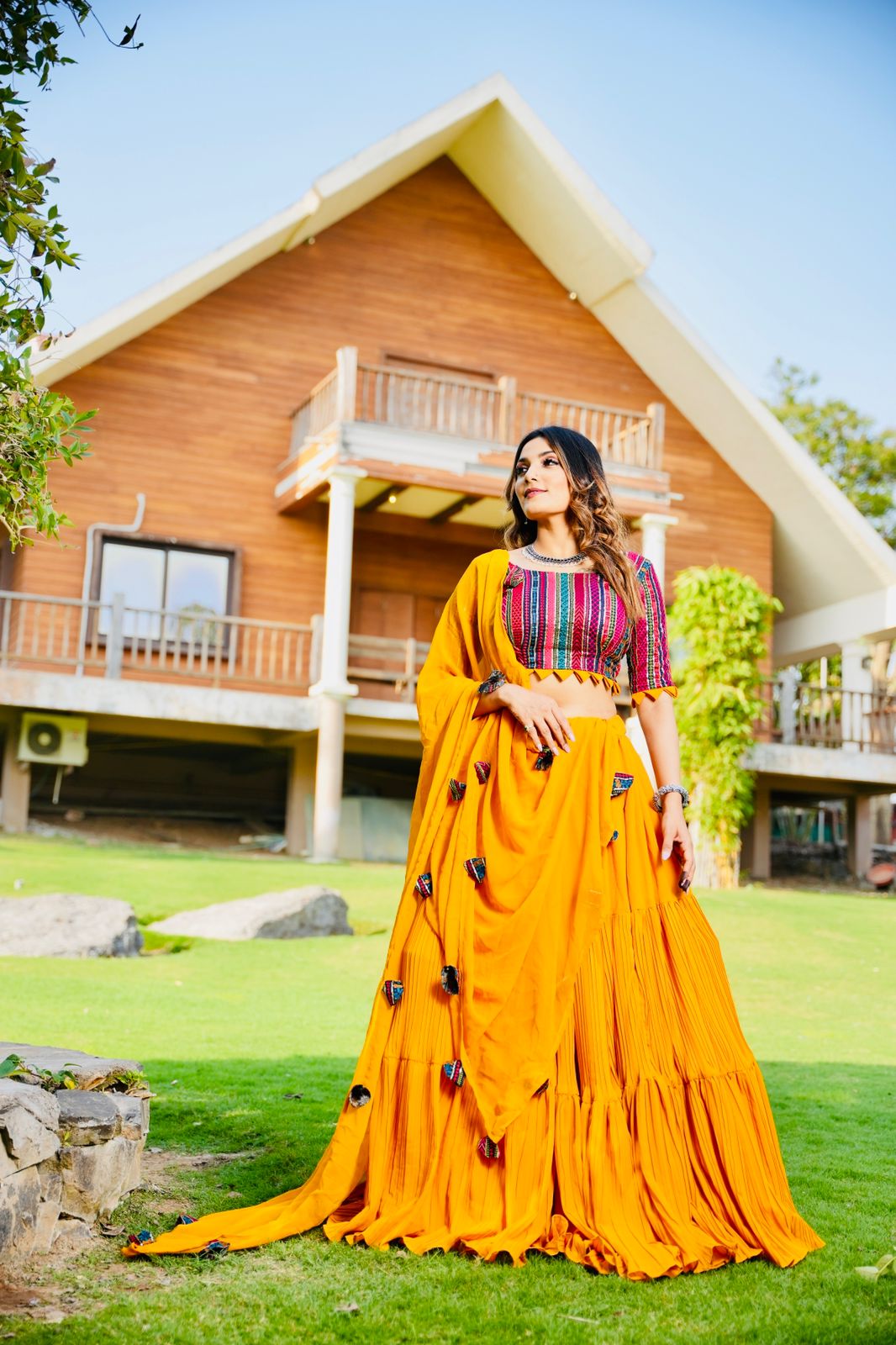 Presenting Yellow Color Ruffle Style Lehenga Choli