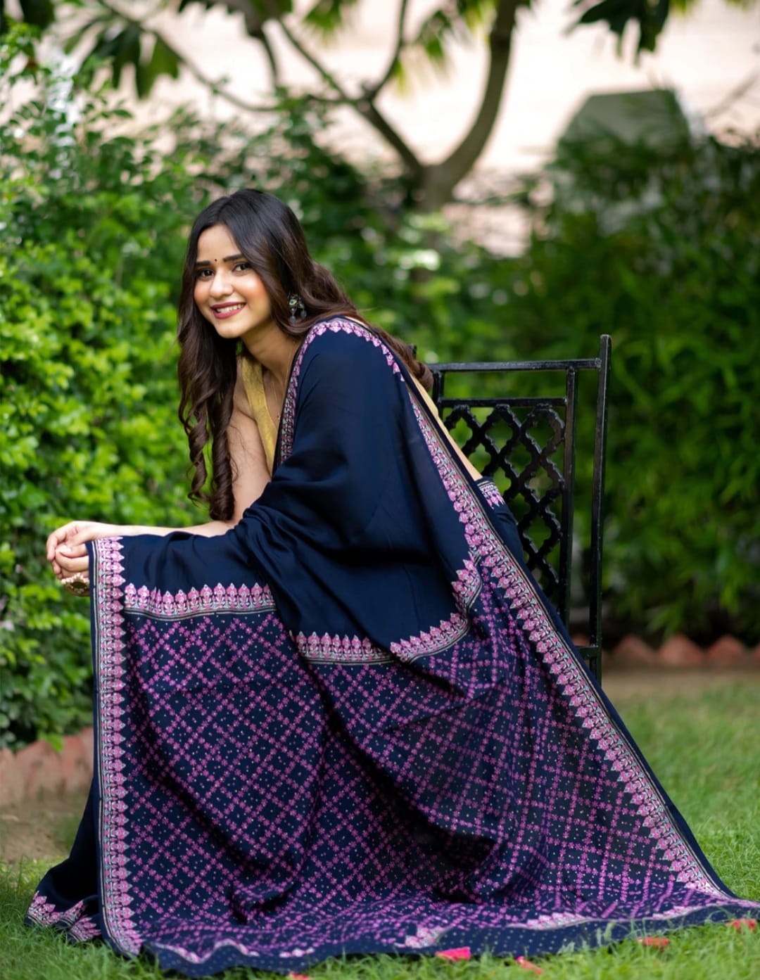 Adorable Navy Blue Printed Soft Cotton Silk Saree