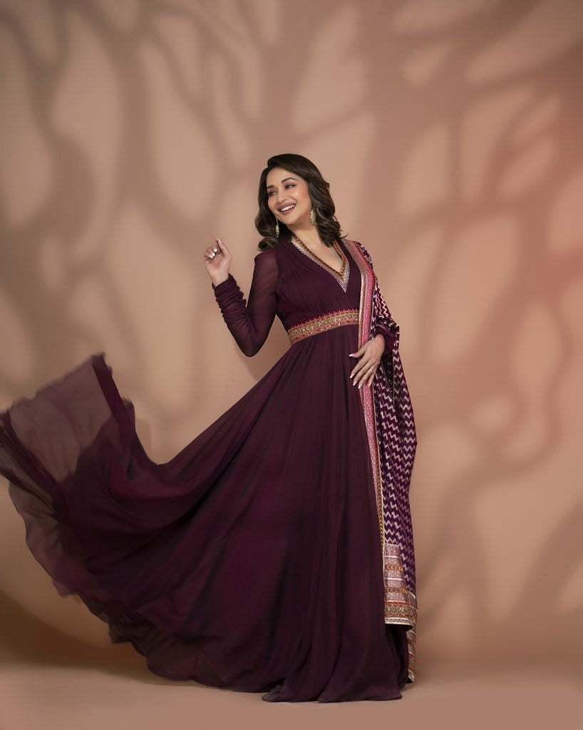 Bollywood Style Madhuri Dixit Wear Maroon Color Gown