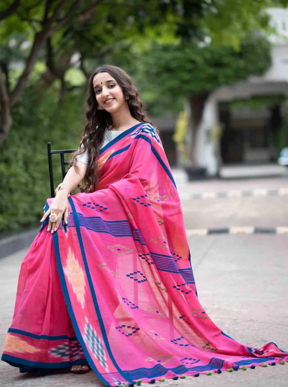 Designer Pink Color Printed Soft Cotton Silk Saree