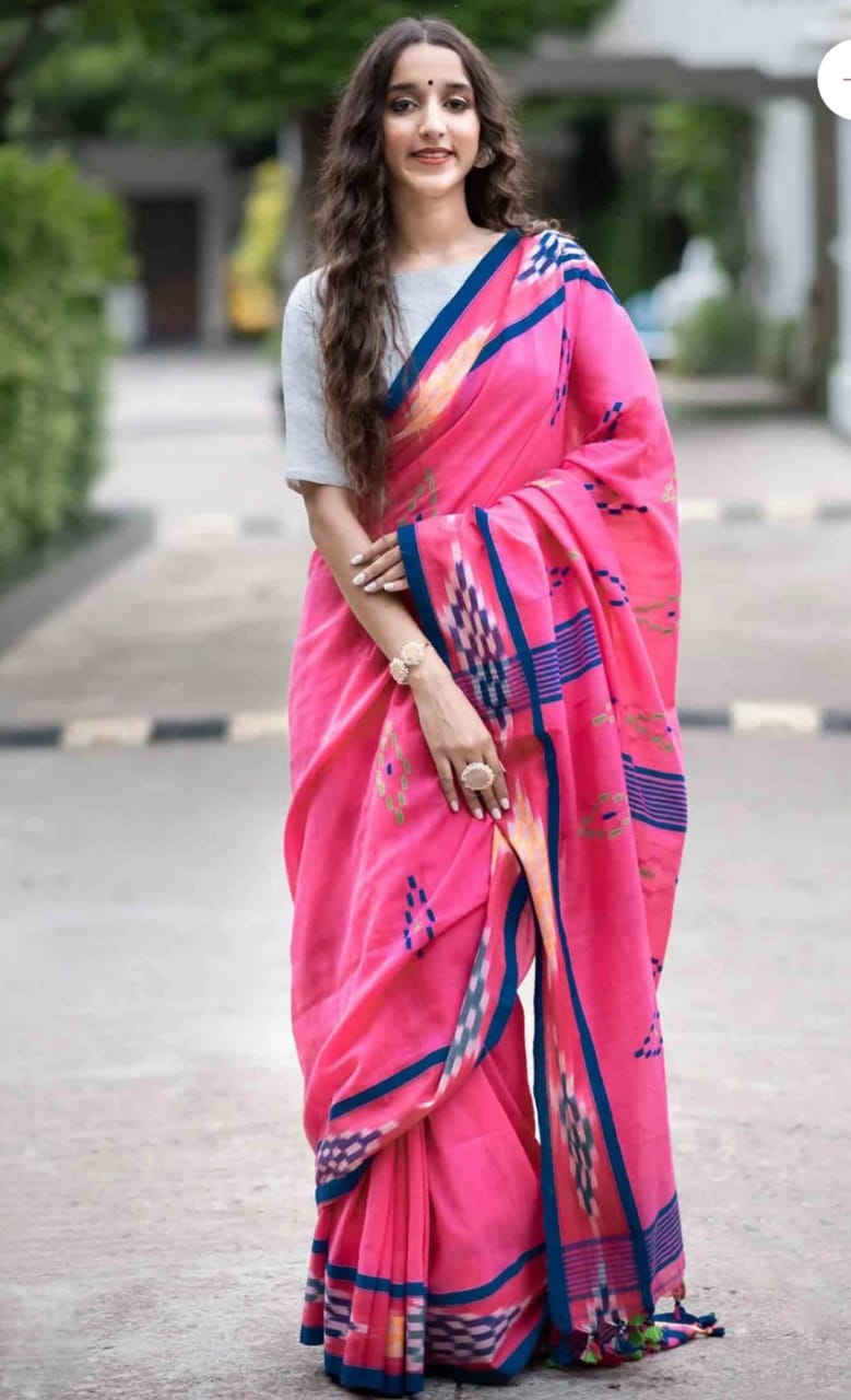 Designer Pink Color Printed Soft Cotton Silk Saree