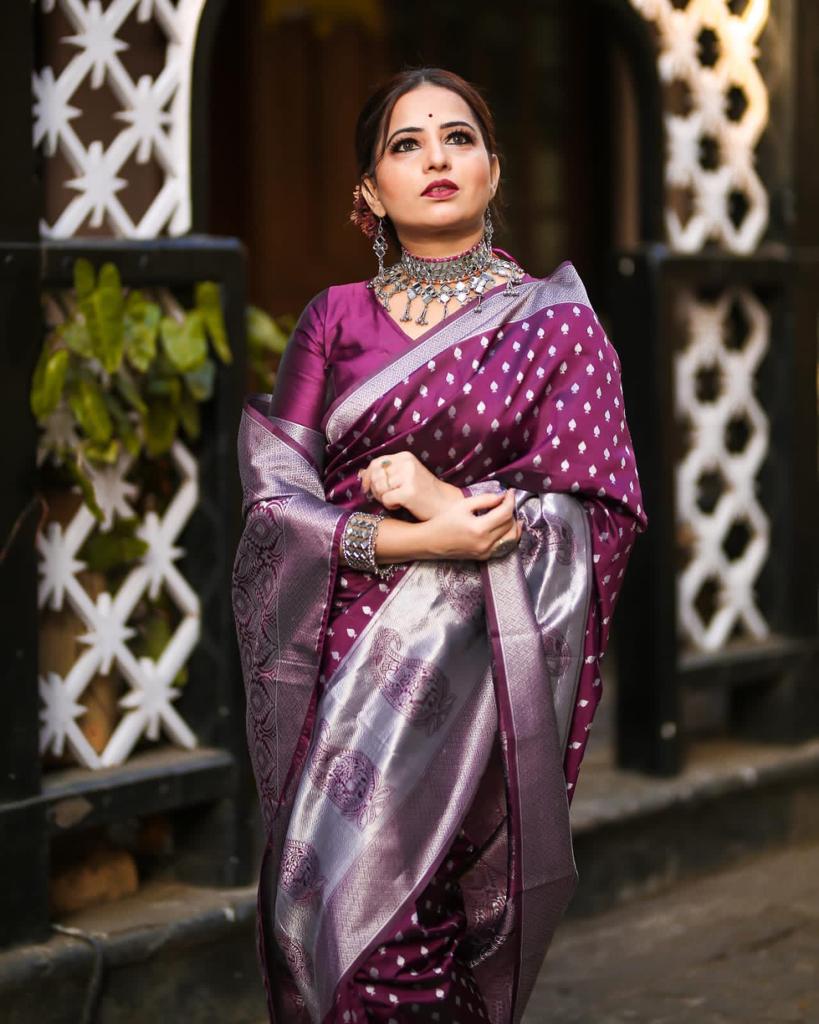 Awesome Wine Color Silver Jari Design Saree