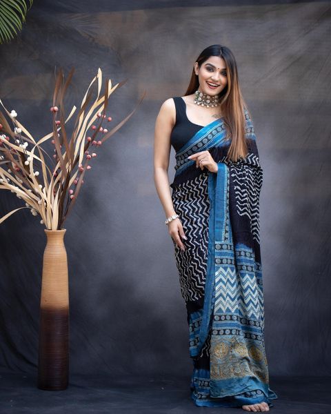 Trendy Navy Blue Color Digital Print Saree