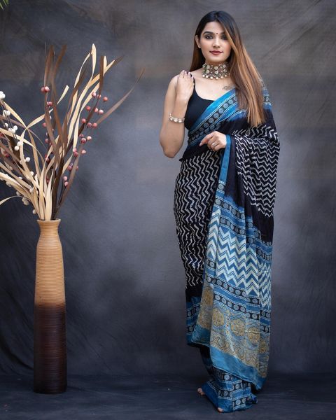 Trendy Navy Blue Color Digital Print Saree