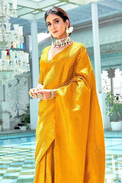 Party Wear Yellow Color Soft Lichi Silk Saree