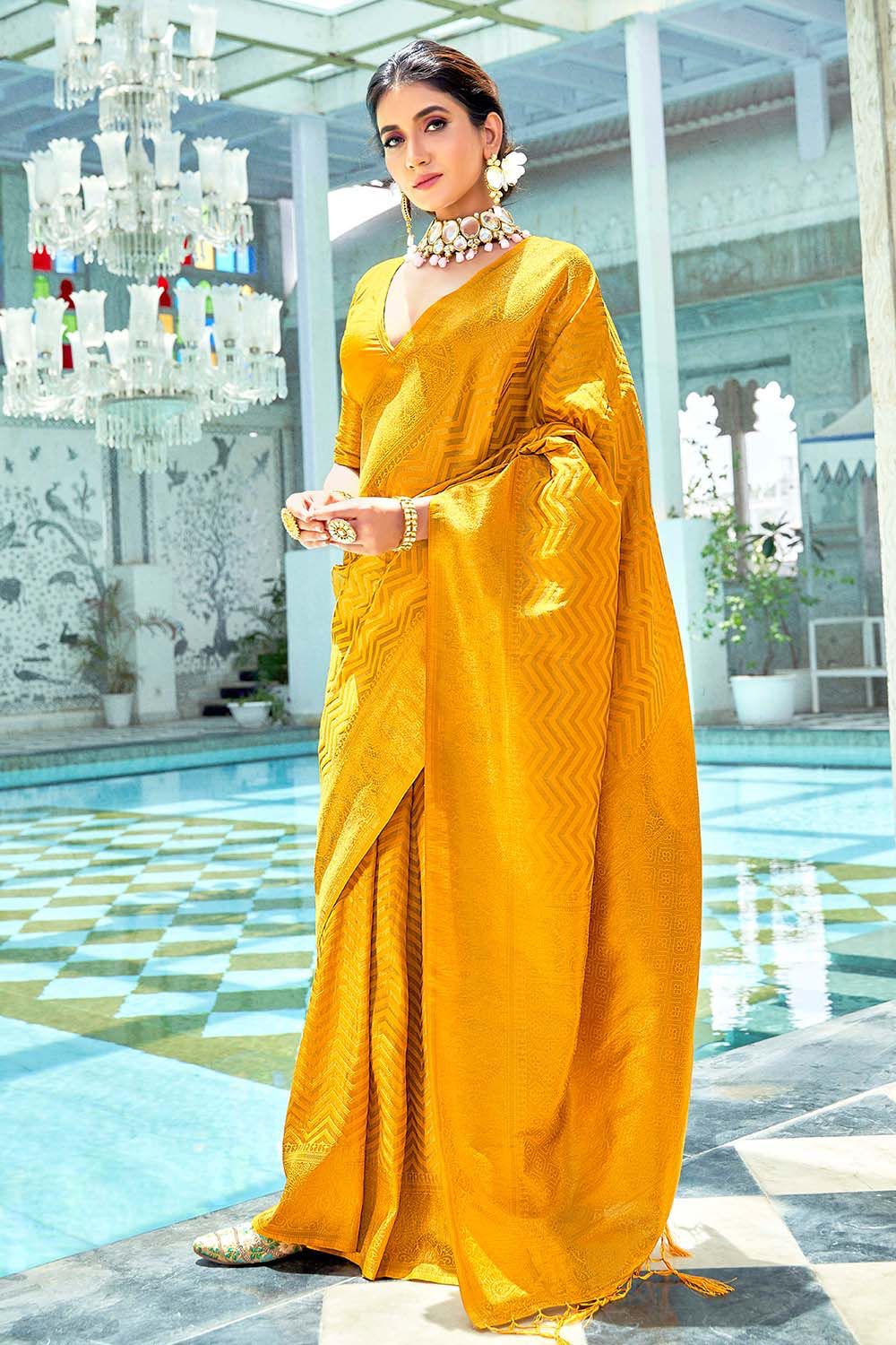 Party Wear Yellow Color Soft Lichi Silk Saree