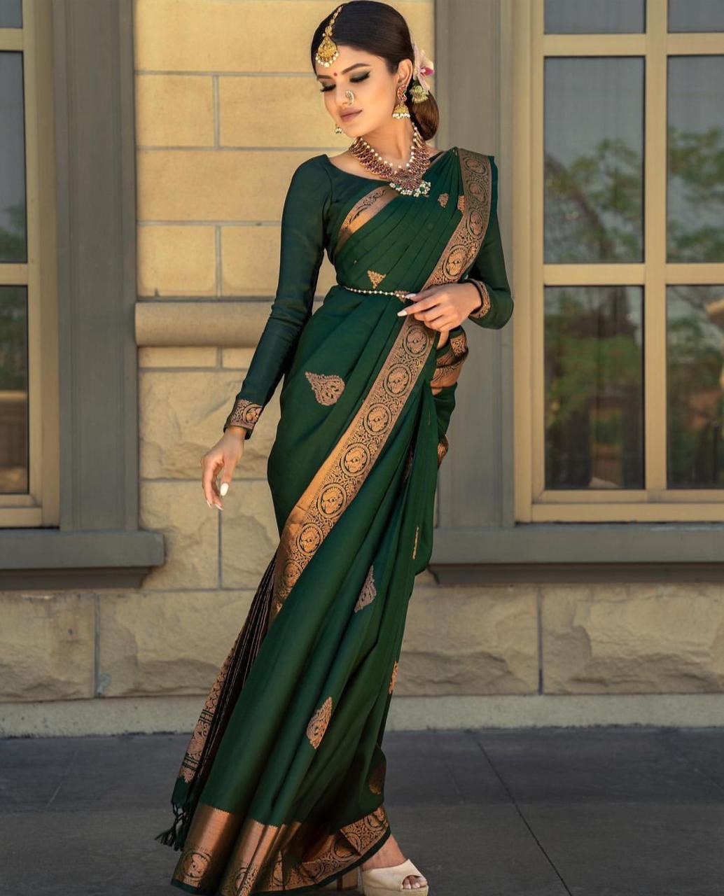 Elegant Green Color Soft Cotton Printed Saree