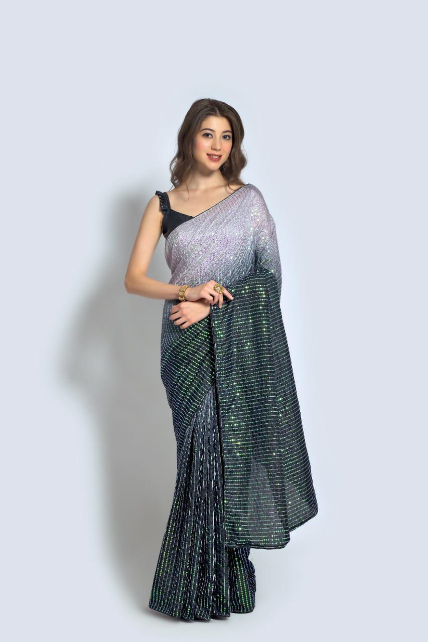 Grey With Black Color Sequin Shining Saree