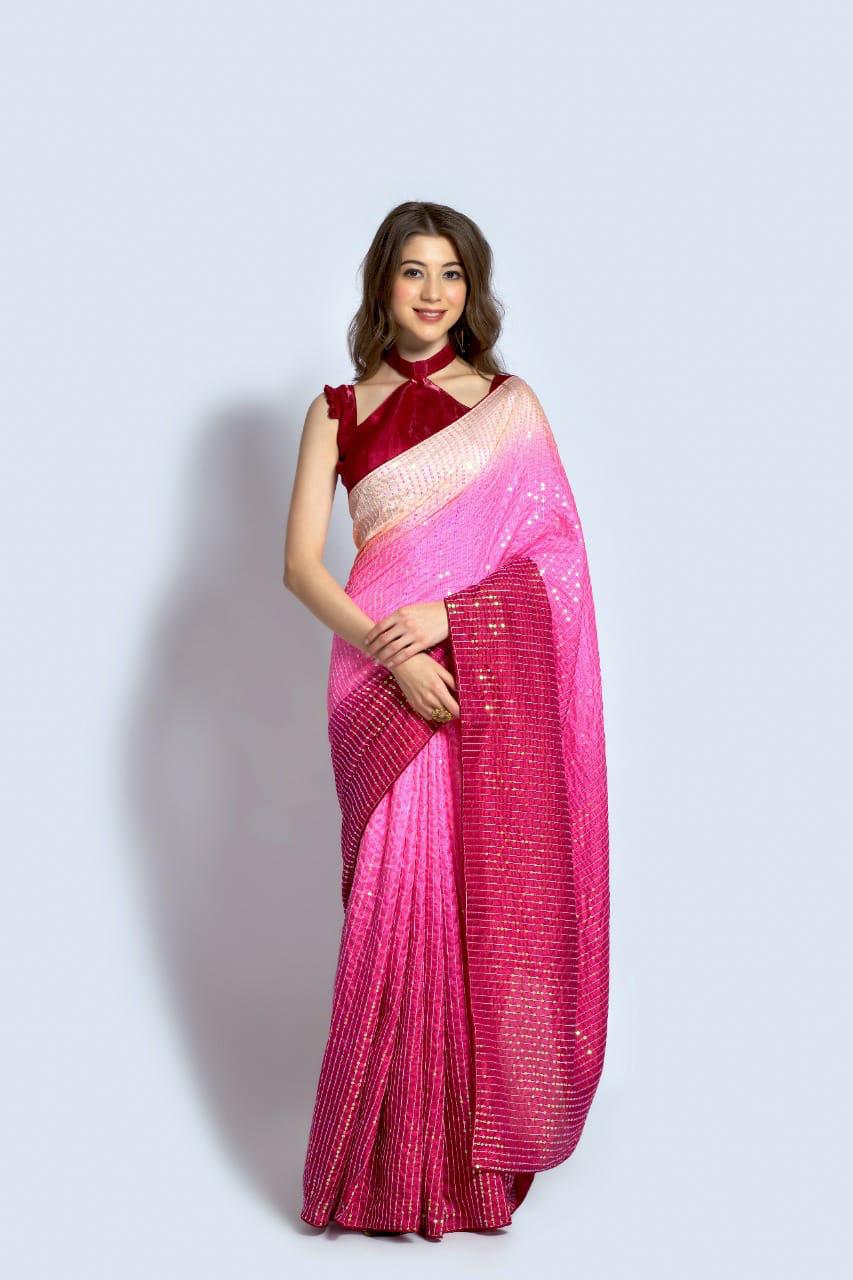 Pink With Maroon Color Sequin Shining Saree