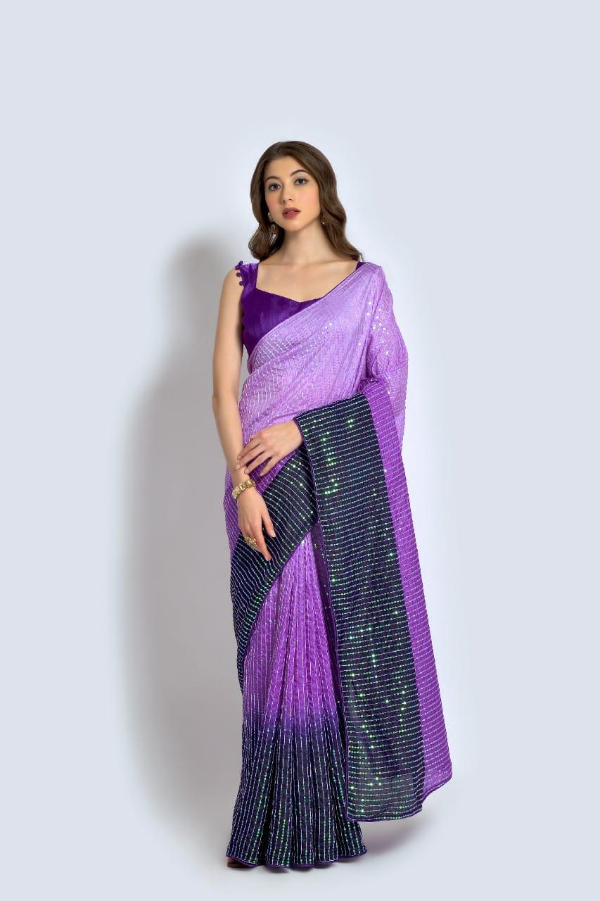 Lavender With Navy Blue Color Sequin Shining Saree