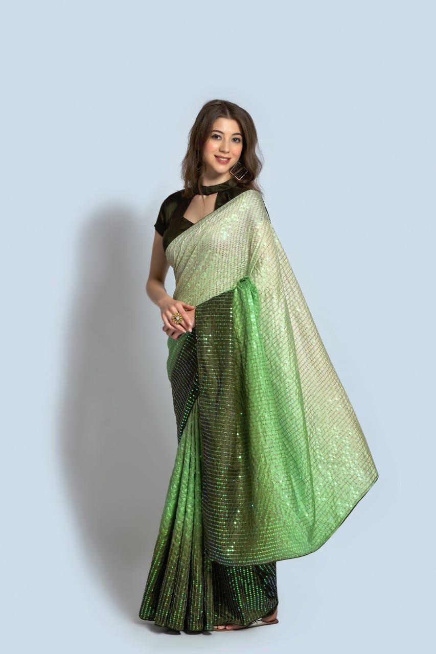 Green Color Shaded Sequin Work Shining Saree