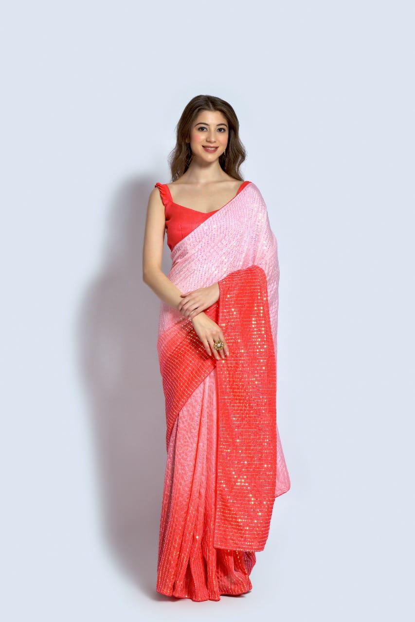 Light Pink With Red Color Sequin Shining Saree