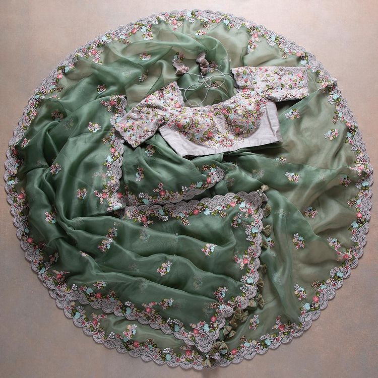 Exclusive Pista Green Color Sequence & Embroidery Work Organza Saree