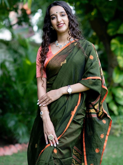 Stylish Dark Green Color Soft Cotton Silk Saree