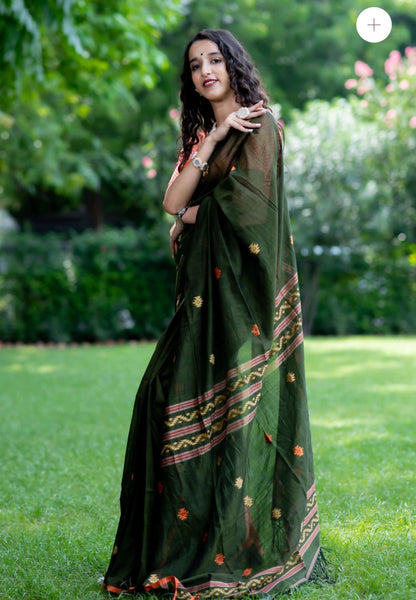 Stylish Dark Green Color Soft Cotton Silk Saree