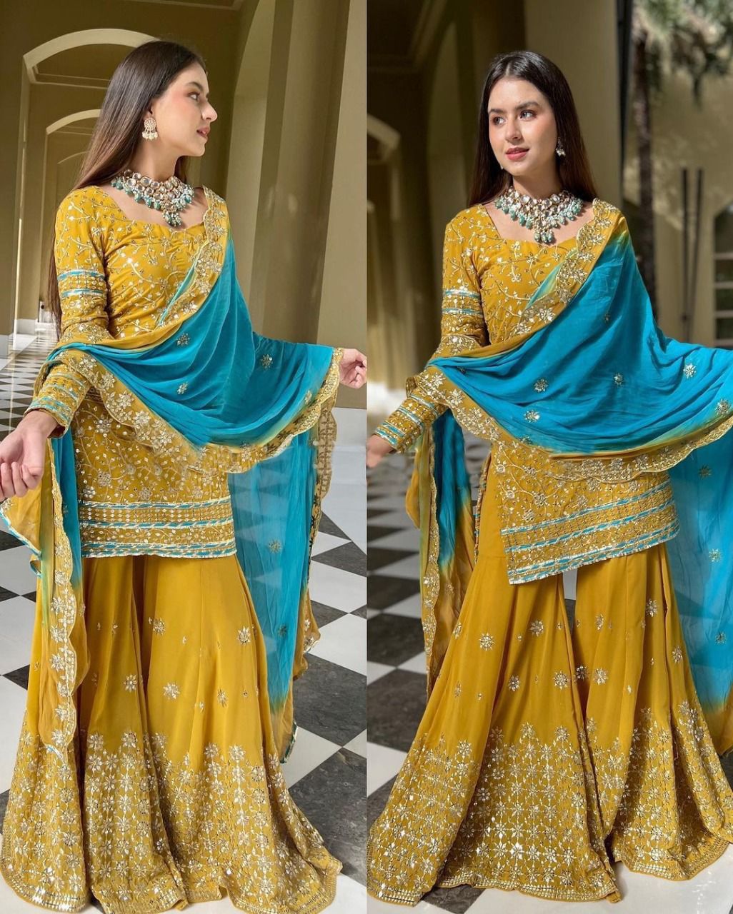 Stylish Yellow Color Sequence Work Sharara Suit