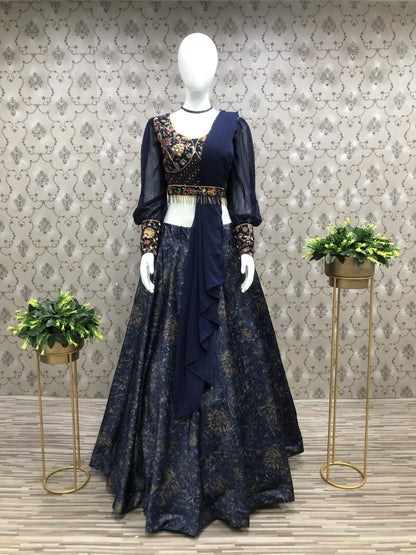 Digital Printed Navy Blue Color Lehenga Choli With Embroidey Work Belt