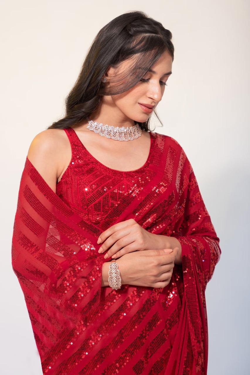 Embellished Red Color Sequin Work Saree