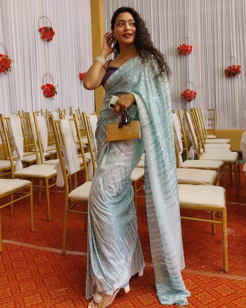 Party Wear Sky Blue Color Sequence Work Saree