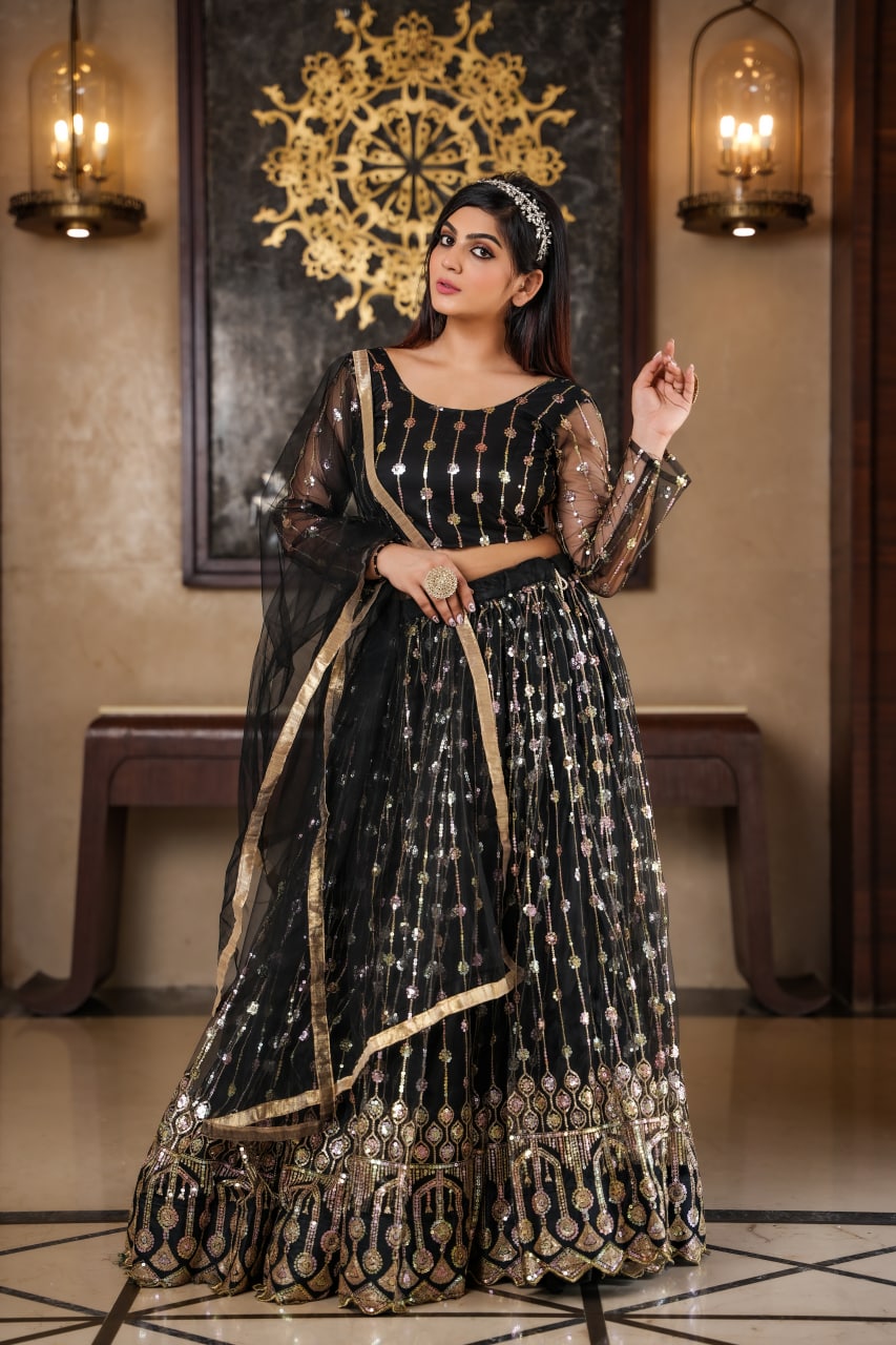 Stunning Black Color Embroidery Work Net Lehenga Choli