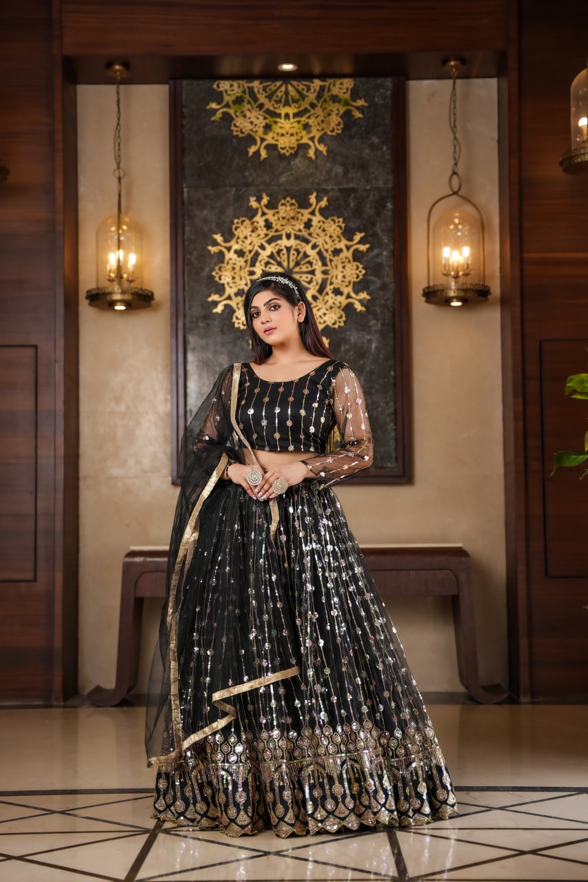 Stunning Black Color Embroidery Work Net Lehenga Choli