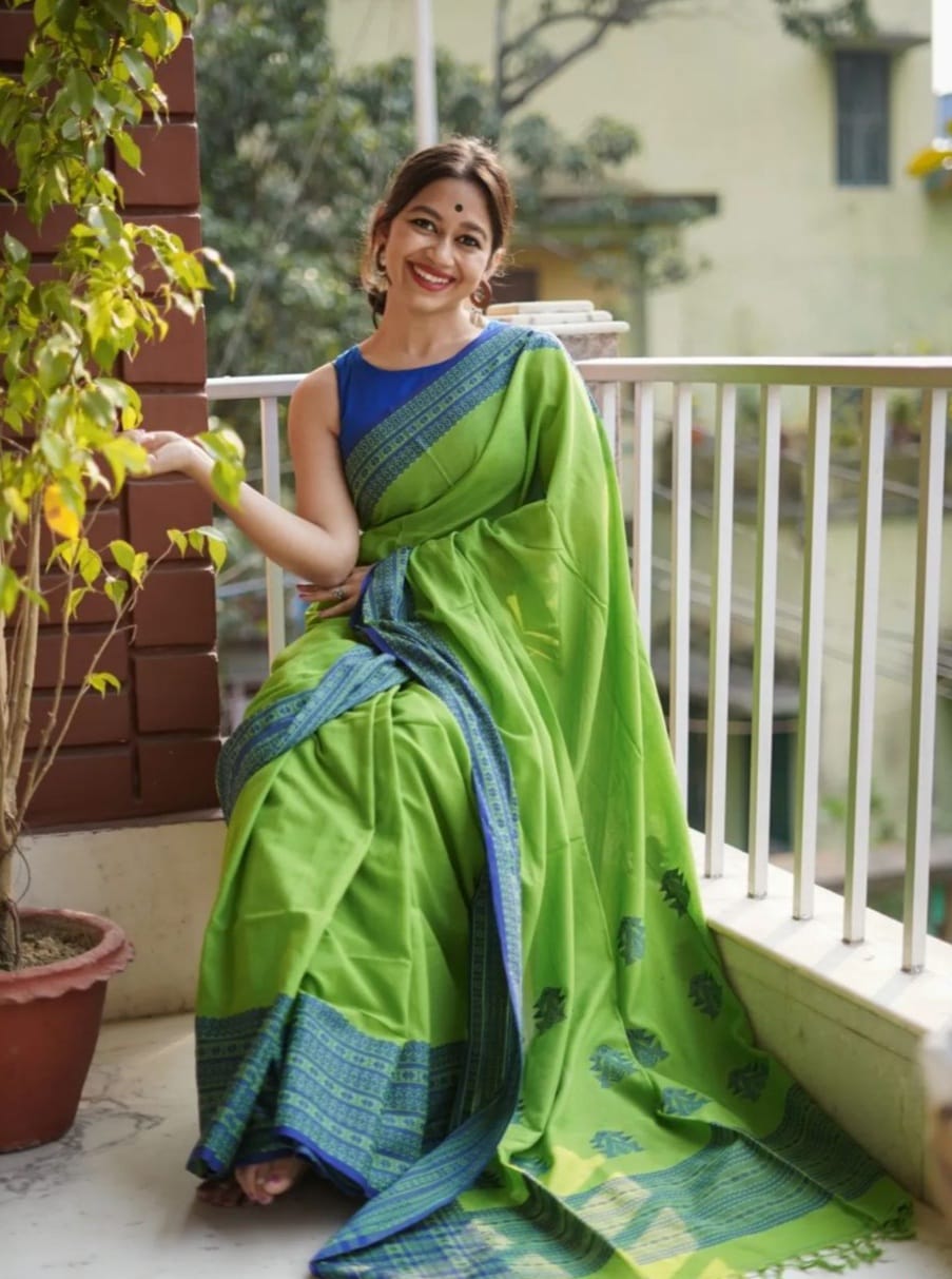 Parrot Green With Blue Color Cotton Silk Saree