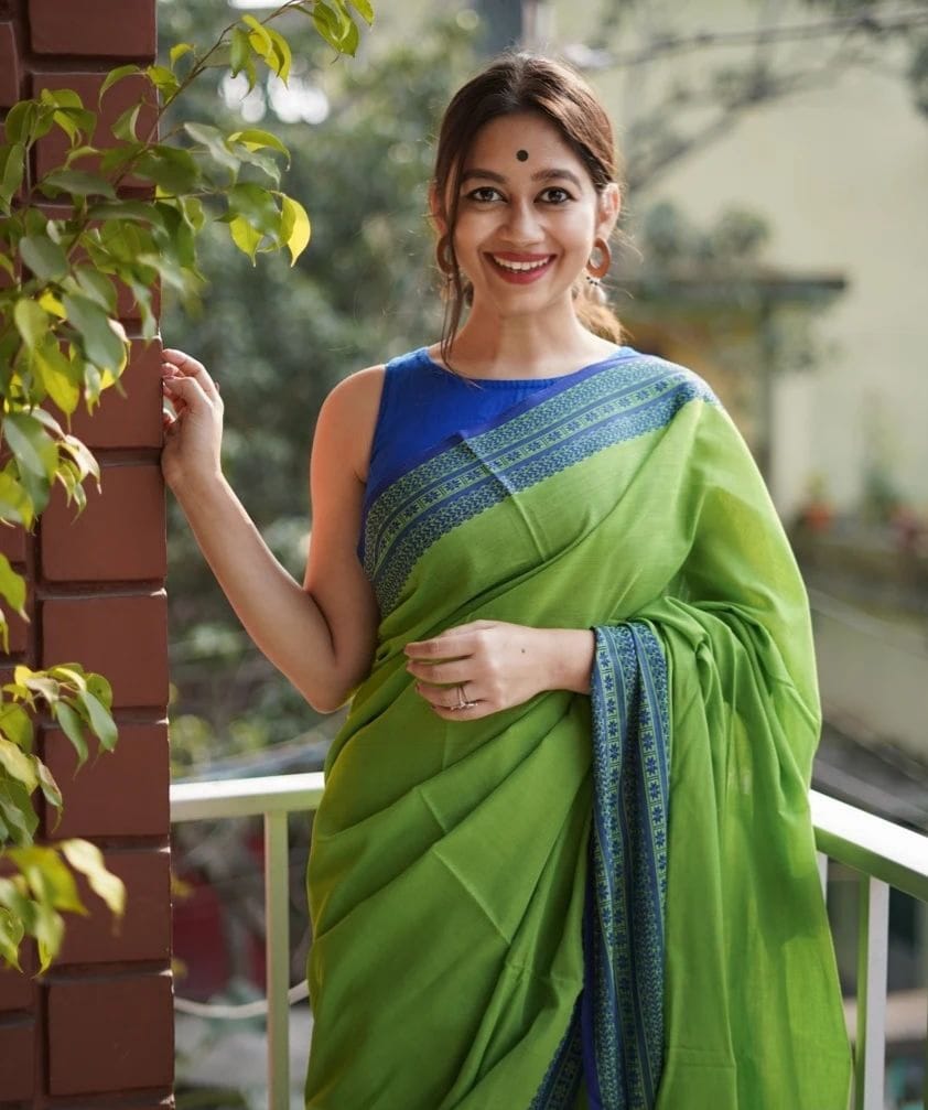 Parrot Green With Blue Color Cotton Silk Saree