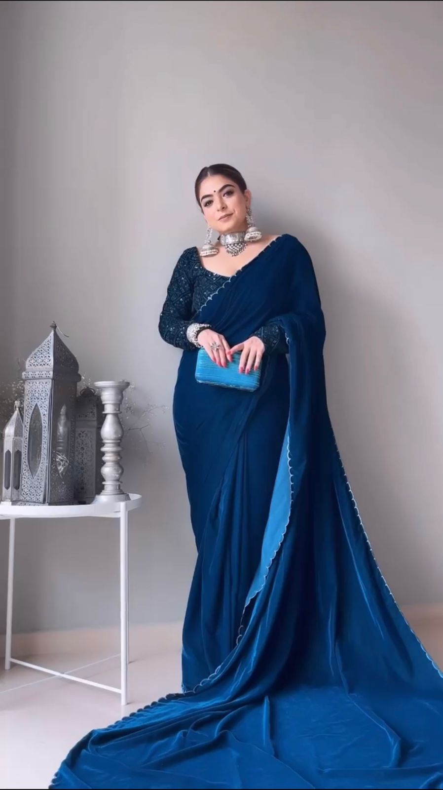 Marvelous Teal Blue Velvet Saree With Sequence Work Blouse